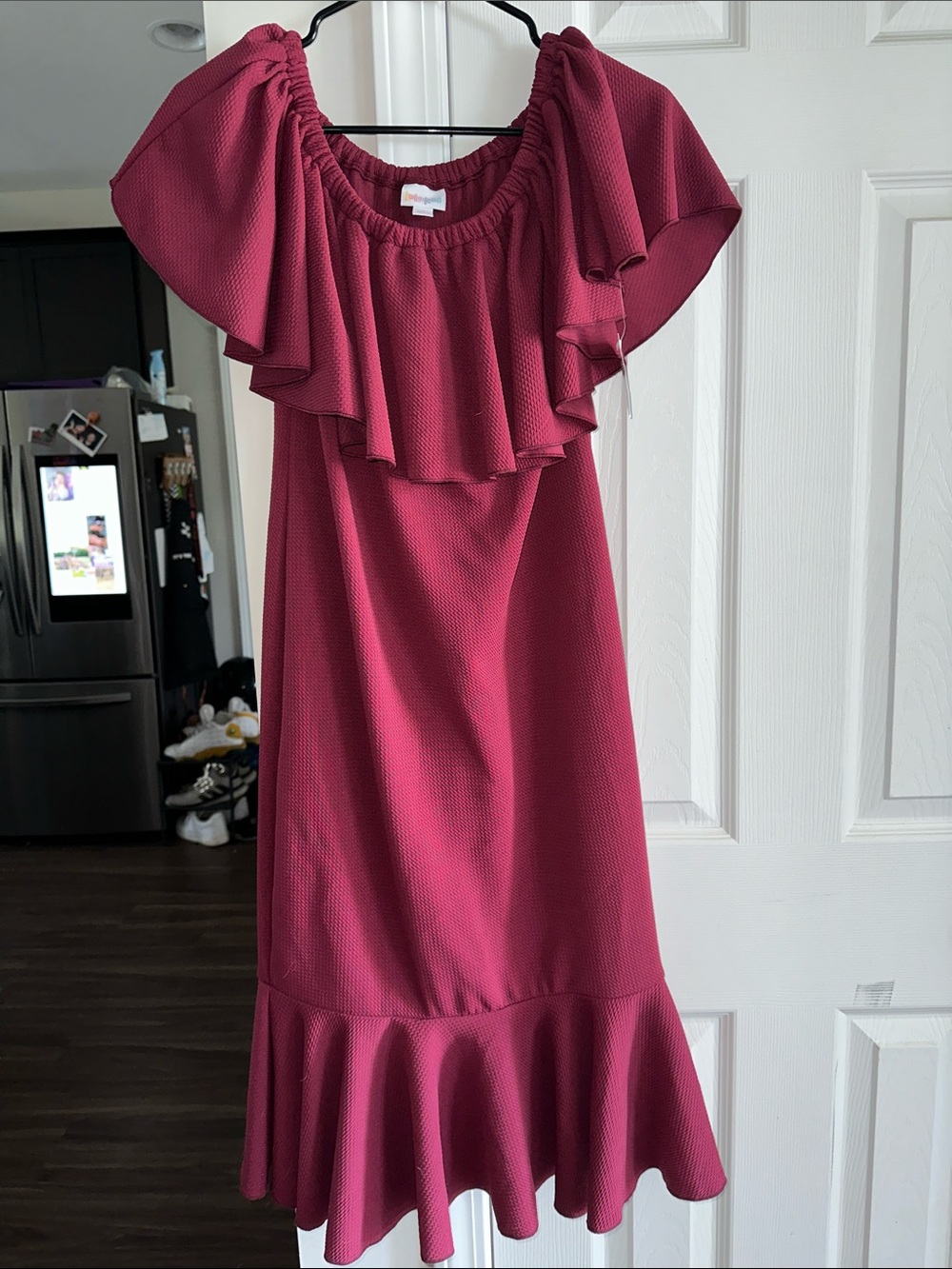 LuLaRoe Fuchsia Ruffle Off-Shoulder Dress